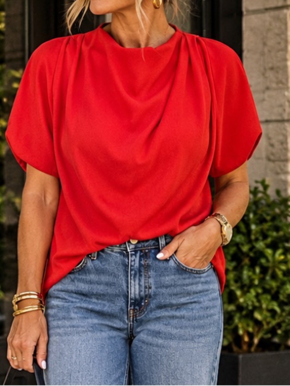 Trina Turk Vibrant Coral Draped Front Blouse Medium